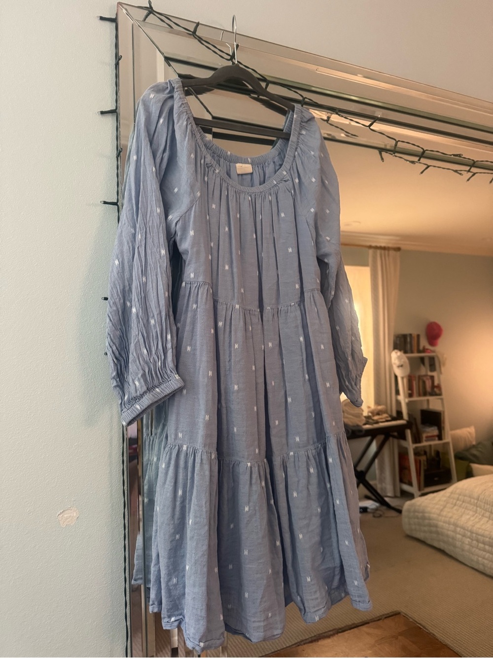 Light Blue Tiered Long-Sleeve Smocked Neck Dress
